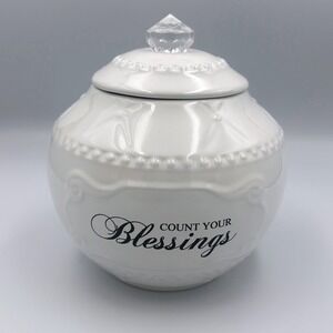 Count Your Blessings White Ceramic Canister Jar w/ Crystal Lid Farmhouse Decor